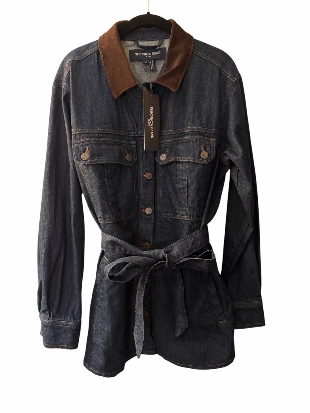 Veronica Beard Dark Blue Denim Mikaela Jacket Shacket w/ Corduroy Collar Size L